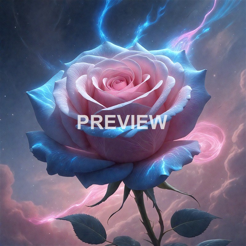 A digitally enhanced pink and blue rose with glowing, lightning-like effects emanating from its petals against a cloudy, cosmic background.
